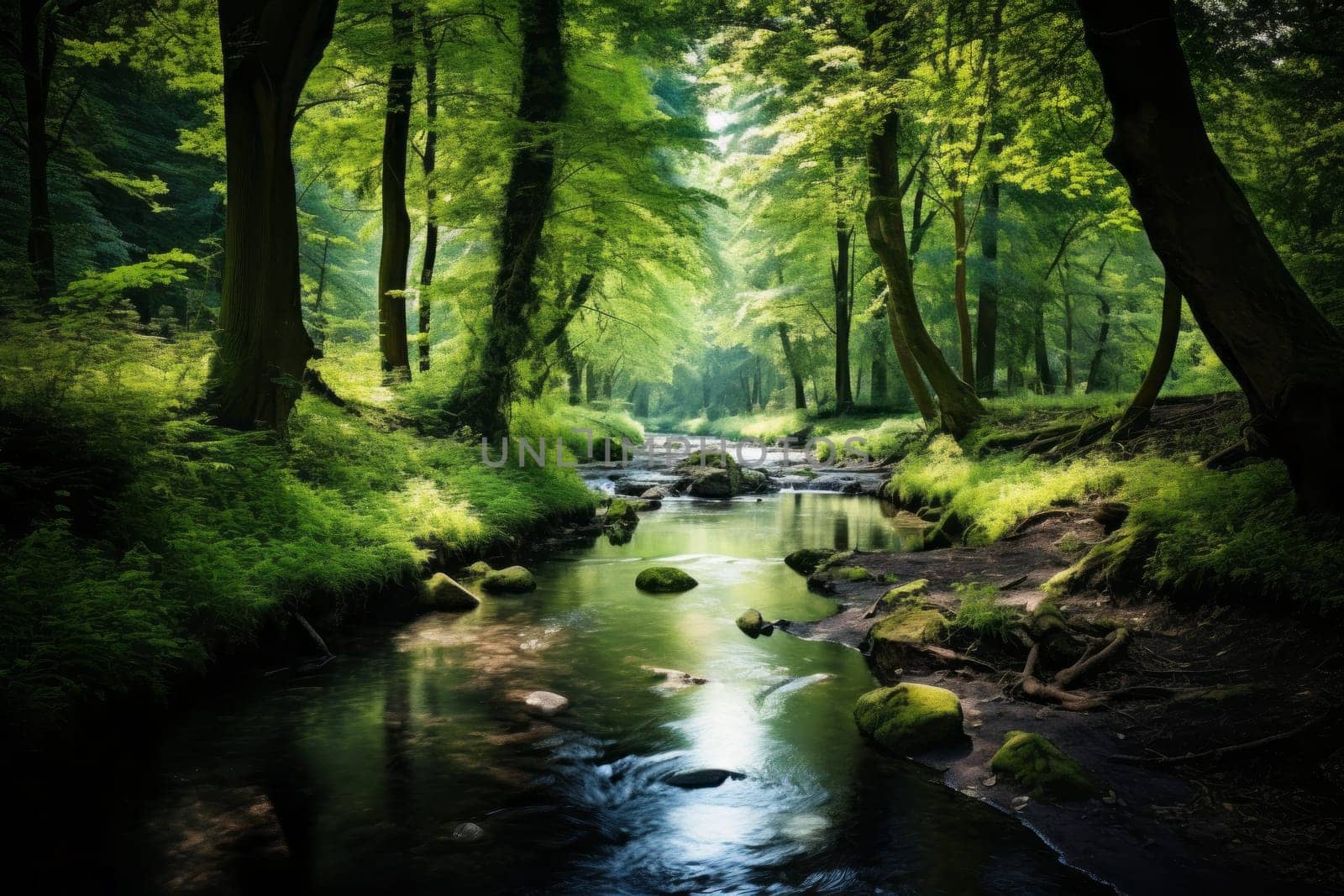 Tranquil Stream in Lush Forest. Generative AI