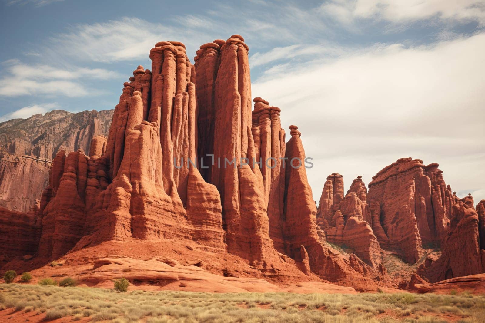 Towering red rock formations. Generative AI