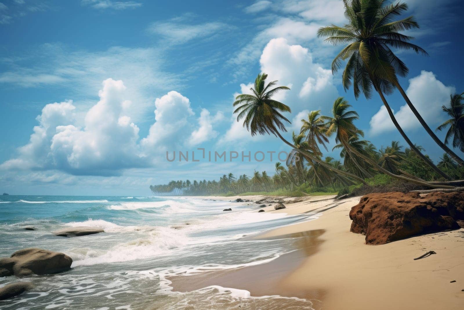 Towering Palm Trees on Tropical Beach. Generative AI