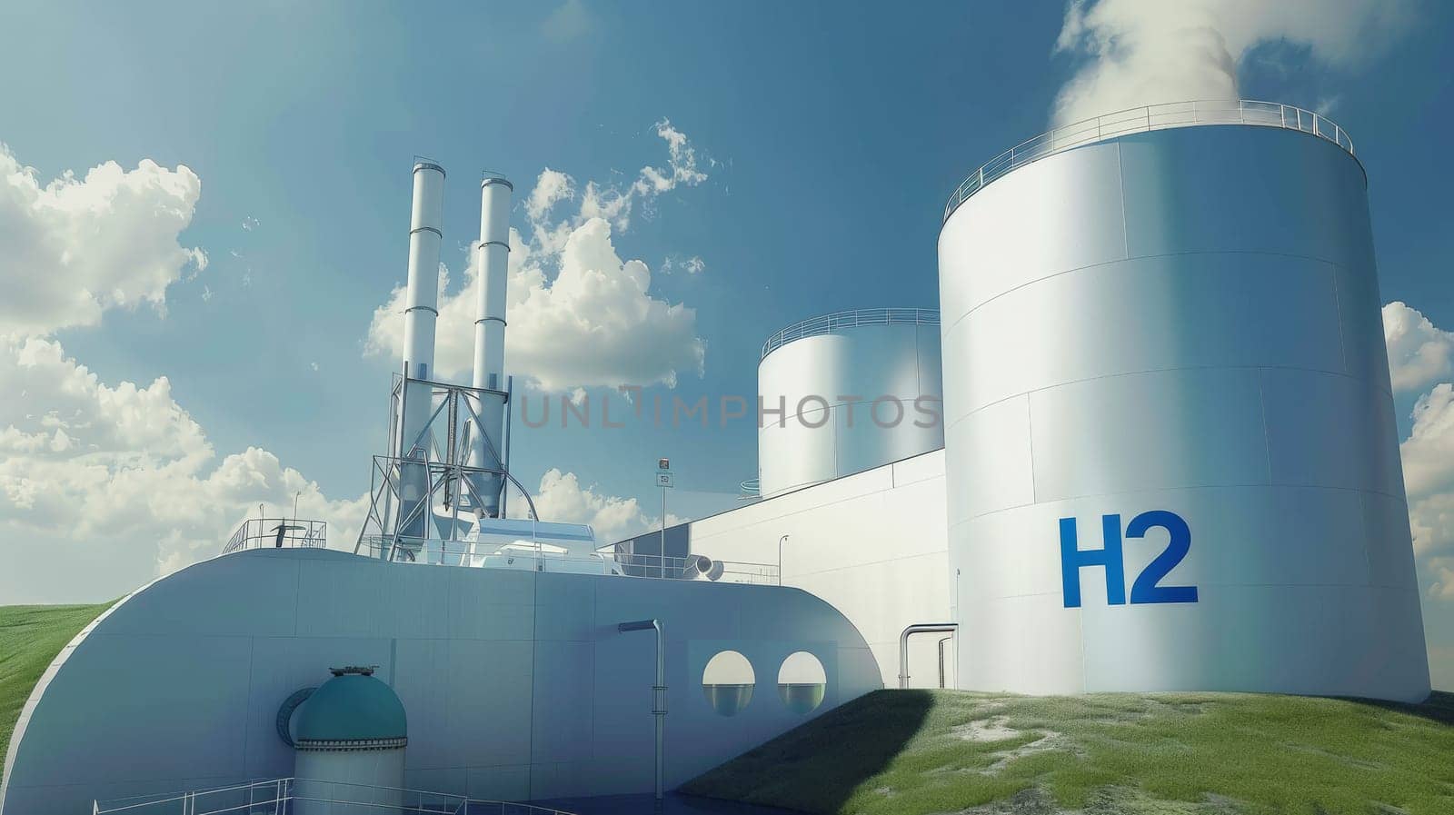 Explore the cutting-edge world of hydrogen production with this striking photo of modern 'H2' facilities. The 3D processing creates a sense of depth, while soft shadows add dimensionality. The clean and minimalistic design, captured with digital photography, showcases the sleek and efficient nature of hydrogen technology.