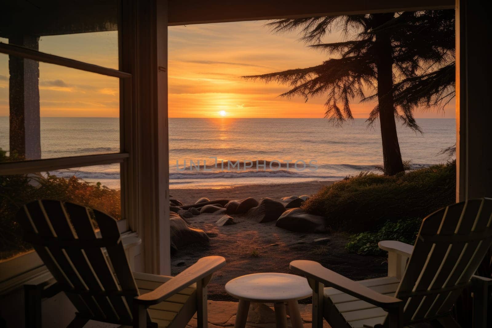 Sunrise over the ocean, seen from a cozy beachfront. Generative AI
