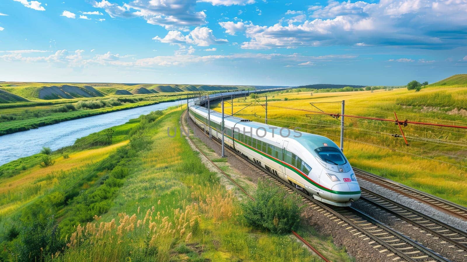 Capture the thrill of a high-speed train journey as it races through picturesque landscapes of golden wheat fields, lush forests, and tranquil rivers. The train's sleek form contrasts with the natural beauty of the surroundings, offering passengers a unique blend of modernity and nature's splendor.
