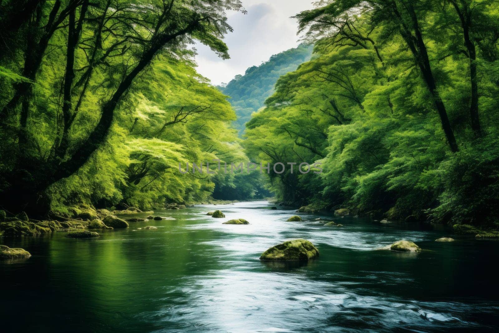 Tranquil River in Forested Landscape. Generative AI