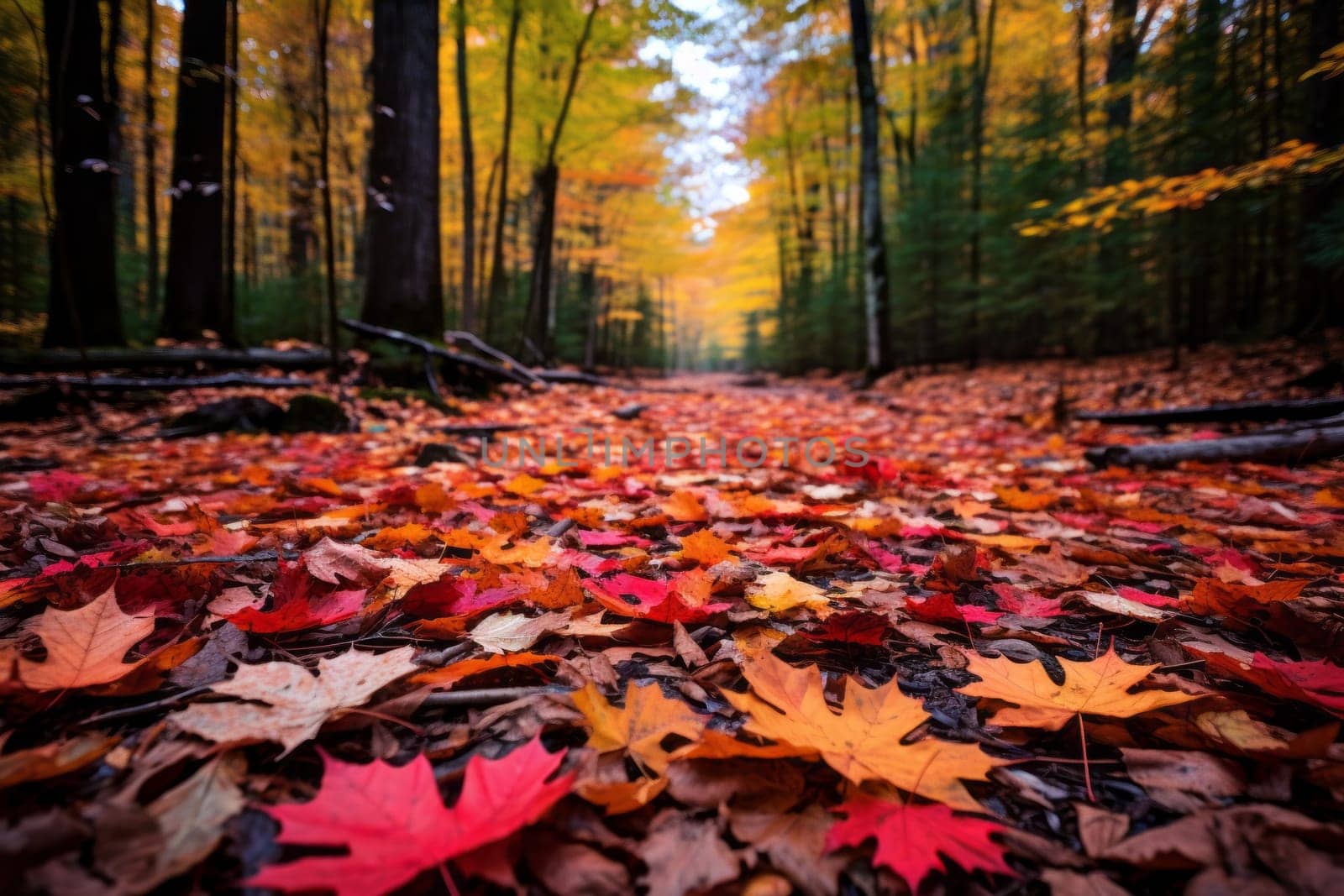 Forest filled with lots of leaf covered ground. Generative AI