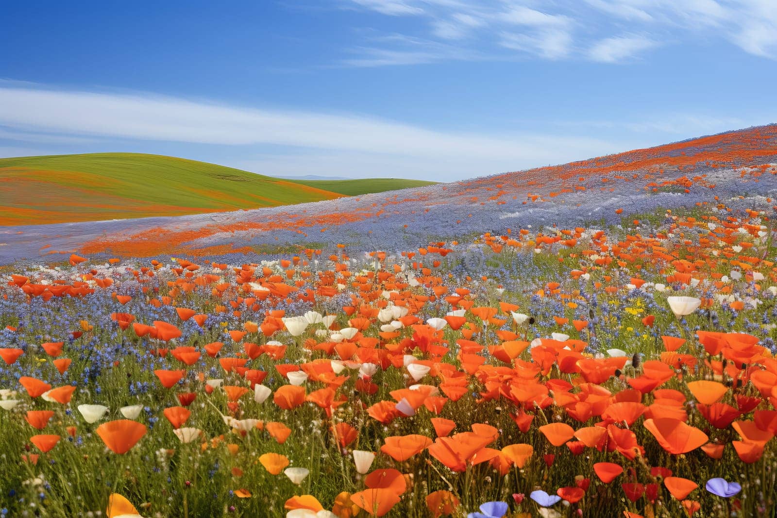 Vast fields of wildflowers adding color to a pristine natural. Generative AI