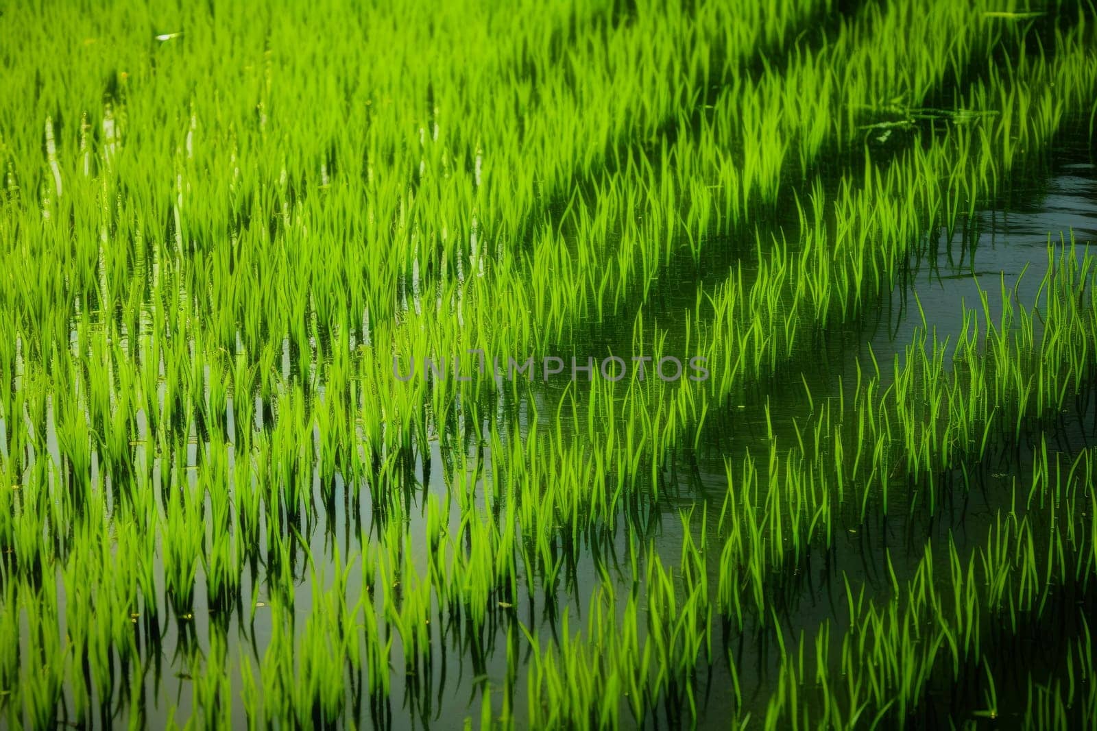 Vibrant green rice stalks casting reflections. Generative AI