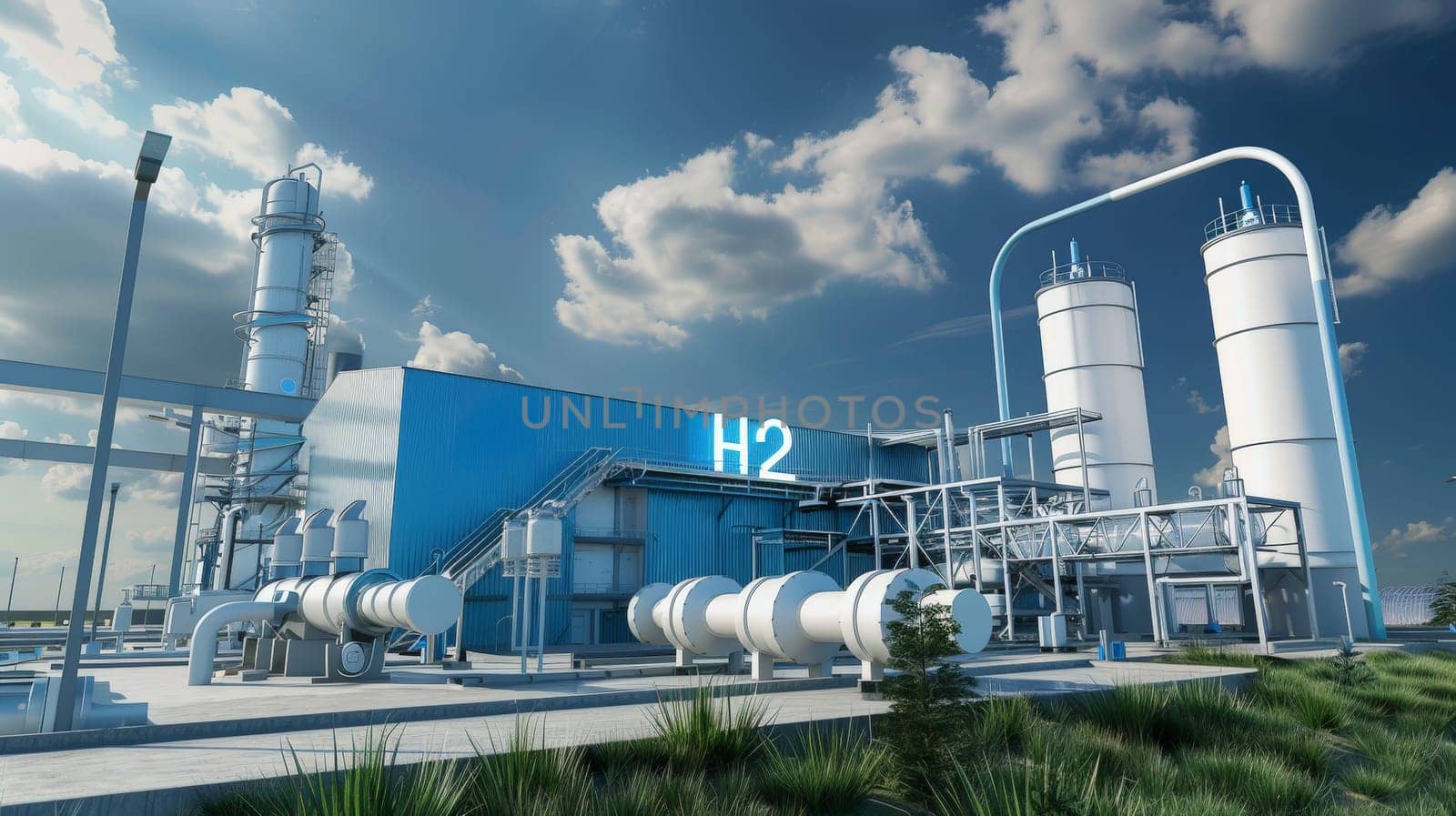 Explore the cutting-edge world of hydrogen production with this striking photo of modern 'H2' facilities. The 3D processing creates a sense of depth, while soft shadows add dimensionality. The clean and minimalistic design, captured with digital photography, showcases the sleek and efficient nature of hydrogen technology.