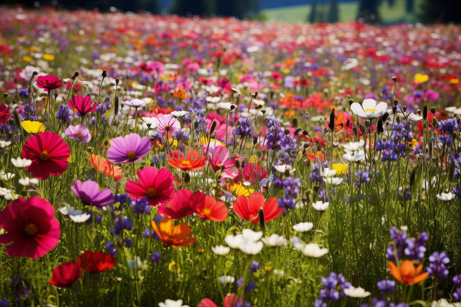 Vibrant wildflowers carpeting the meadow. Generative AI