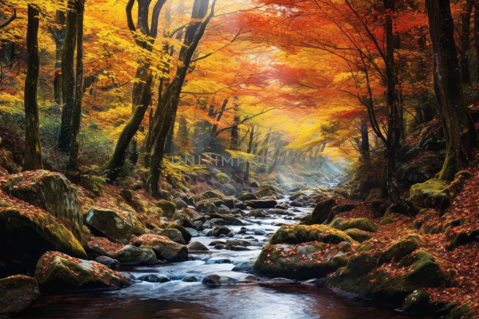 Vibrant Autumn Foliage in Forest. Generative AI