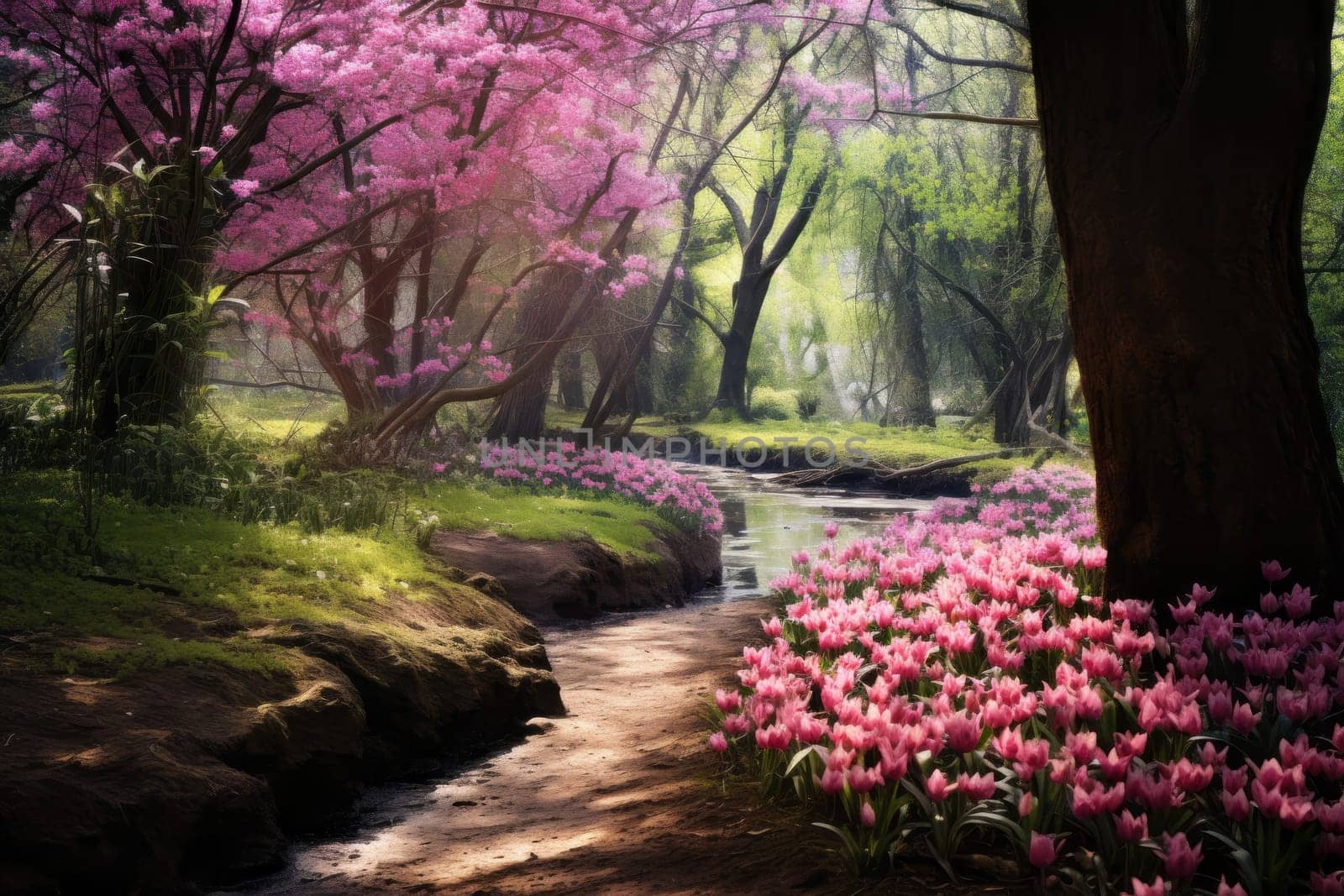 Painting of a stream running through a forest filled with pink flowers. Generative AI