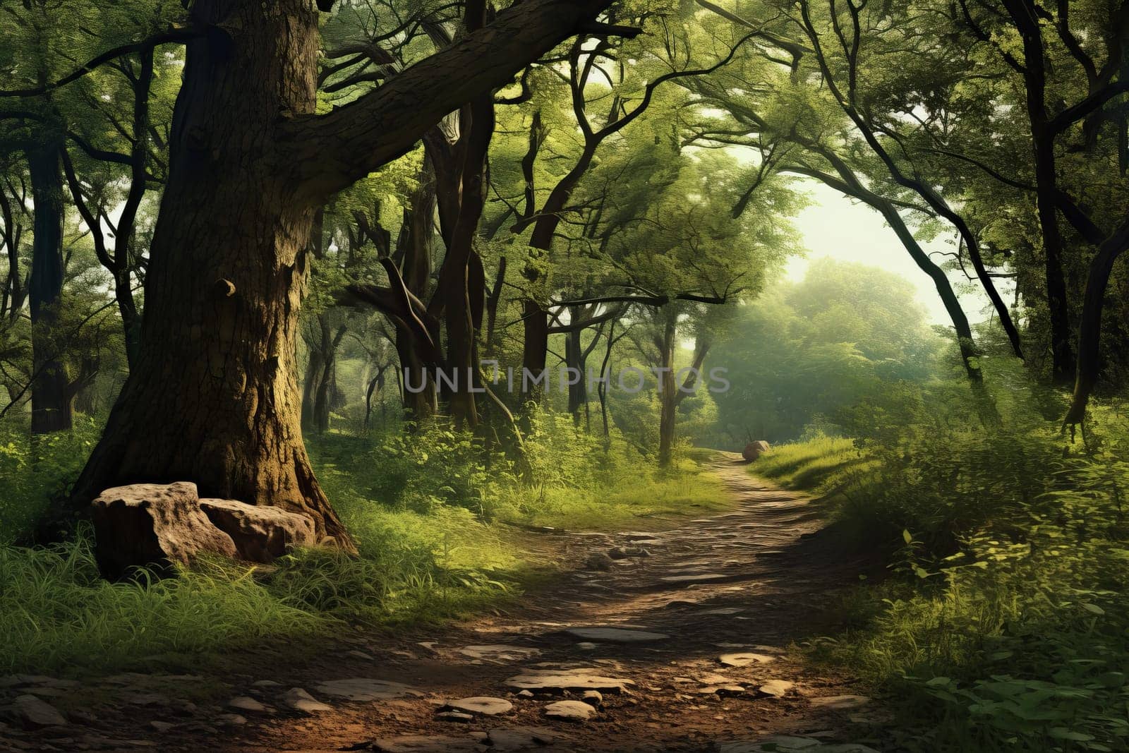 Tranquil forest path leading through a serene. Generative AI
