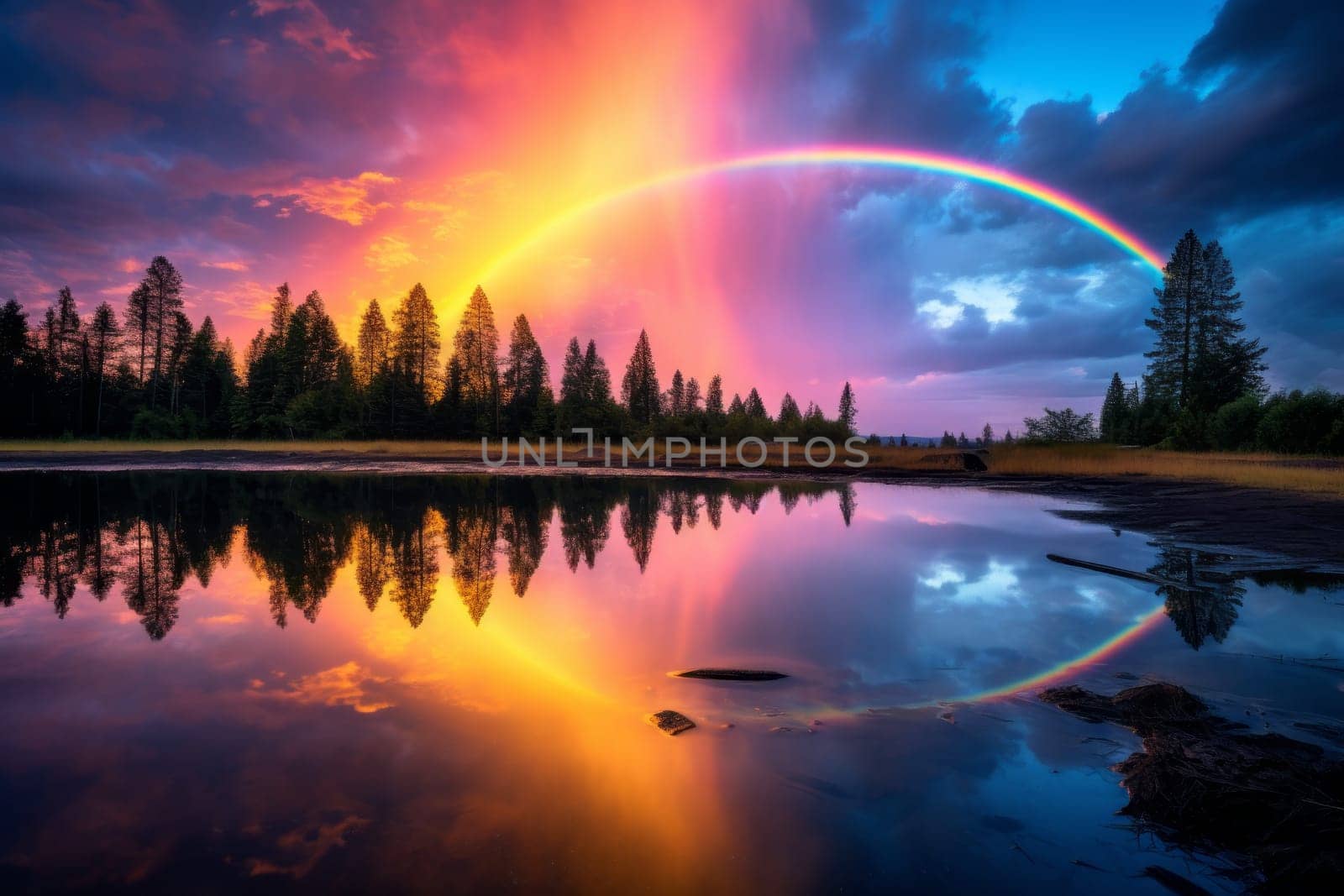 Rainbow is reflected in the water of a lake. Generative AI