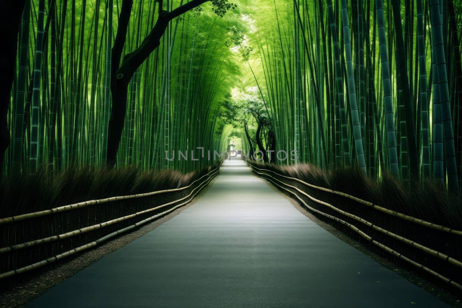 Peaceful Bamboo Forest Road. Generative AI