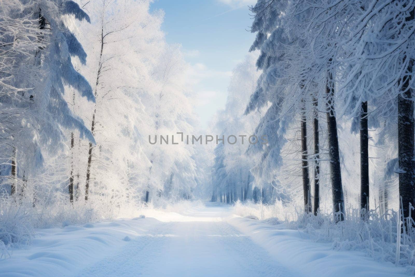 A road through a snow-covered forest. Generative AI