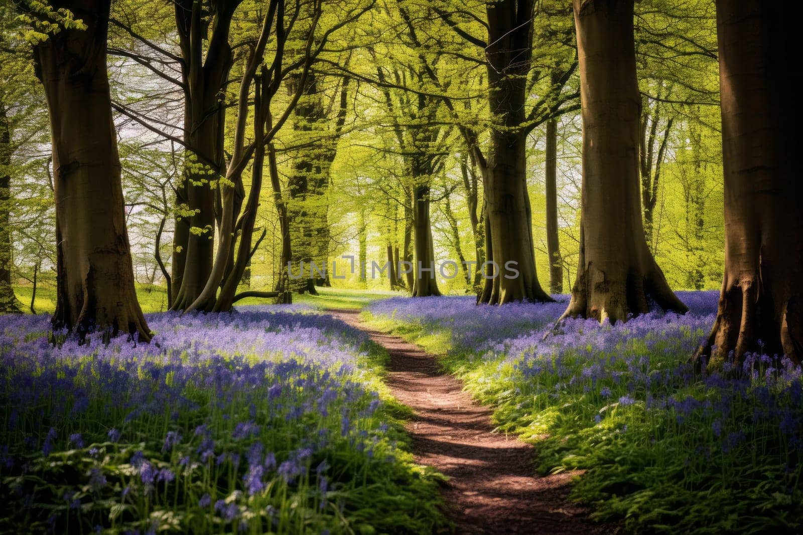 Tranquil Woodland with Blooming Bluebells. Generative AI