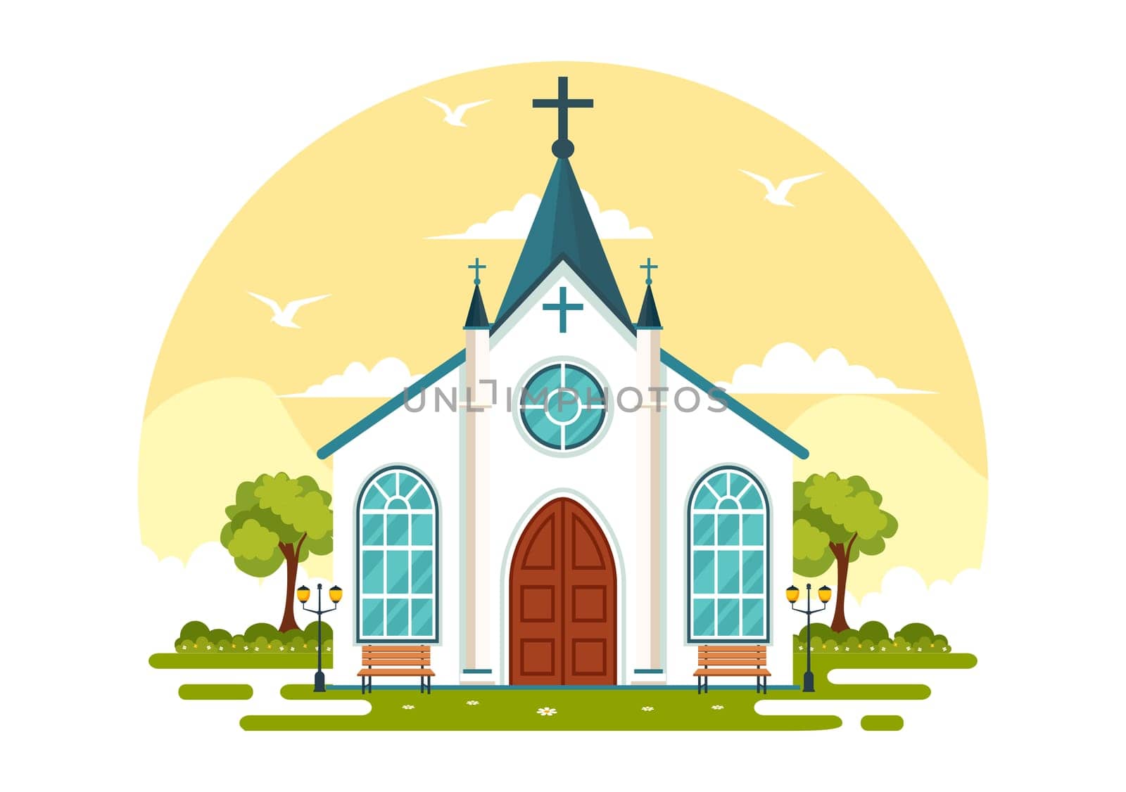 Cathedral Catholic Church Building Vector Illustration With Architecture, Medieval and Modern Churches Interior Design in Flat Cartoon Background