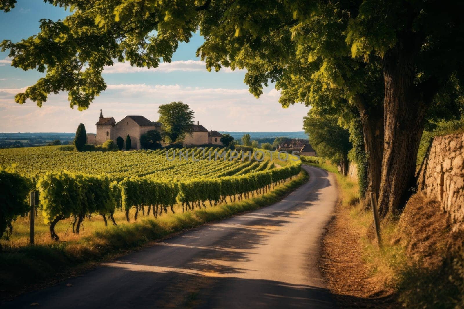 A road through a picturesque vineyard. Generative AI
