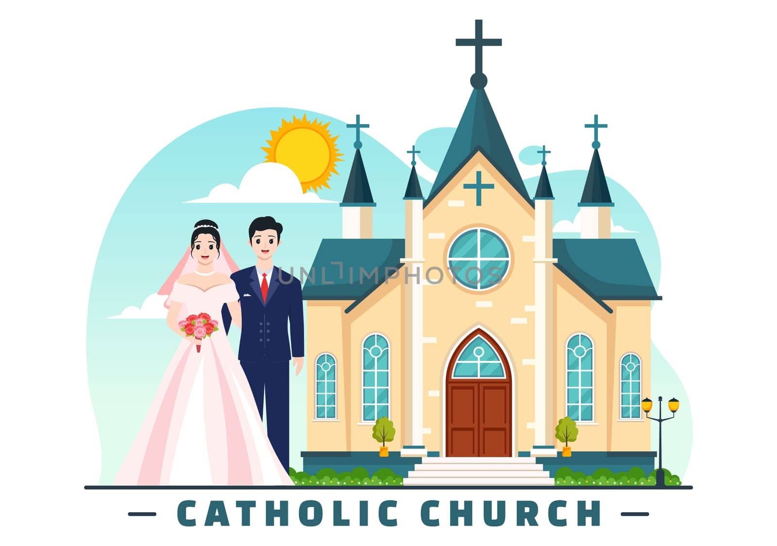 Catholic Church Cathedral as a Sacred Place for Weddings Flat Cartoon Background Vector Illustration