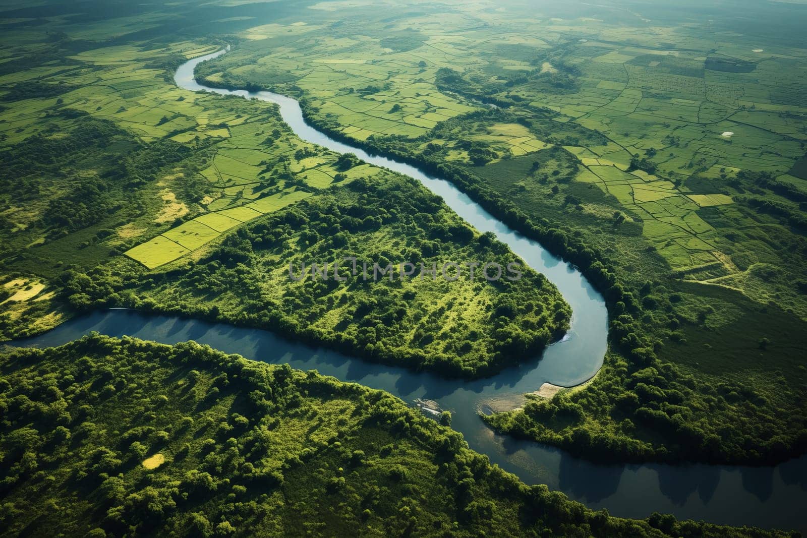 Meandering River in Farmland. Generative AI