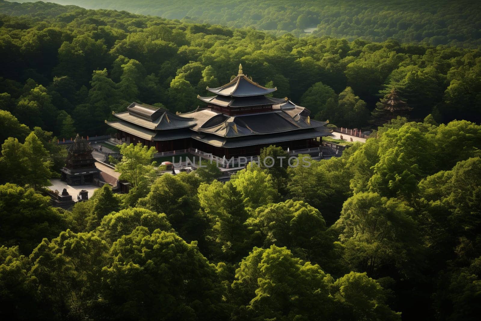 Serene Buddhist Temple in Forests. Generative AI