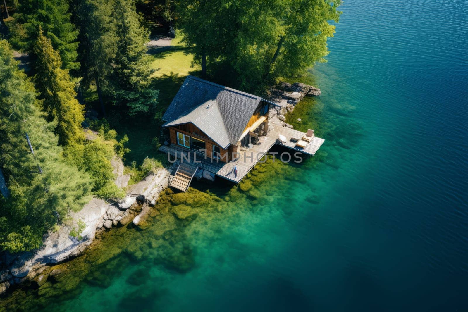 Peaceful Lakeside Retreat Landscape. Generative AI