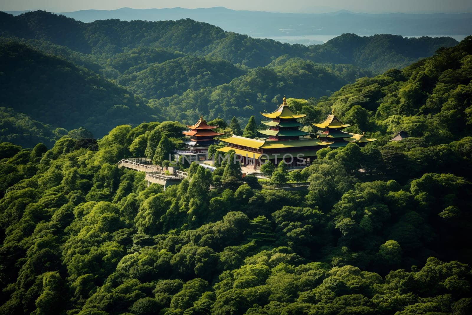 Serene Buddhist Temple in Mountains. Generative AI
