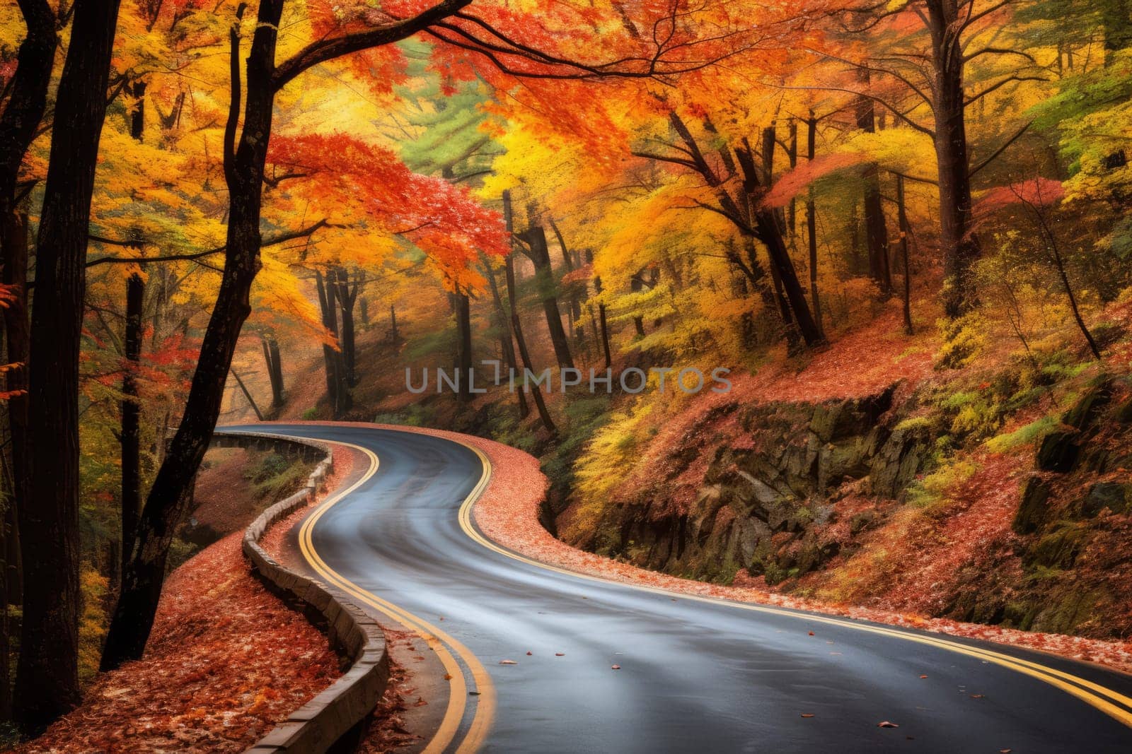 Colorful Autumn Forest Road. Generative AI