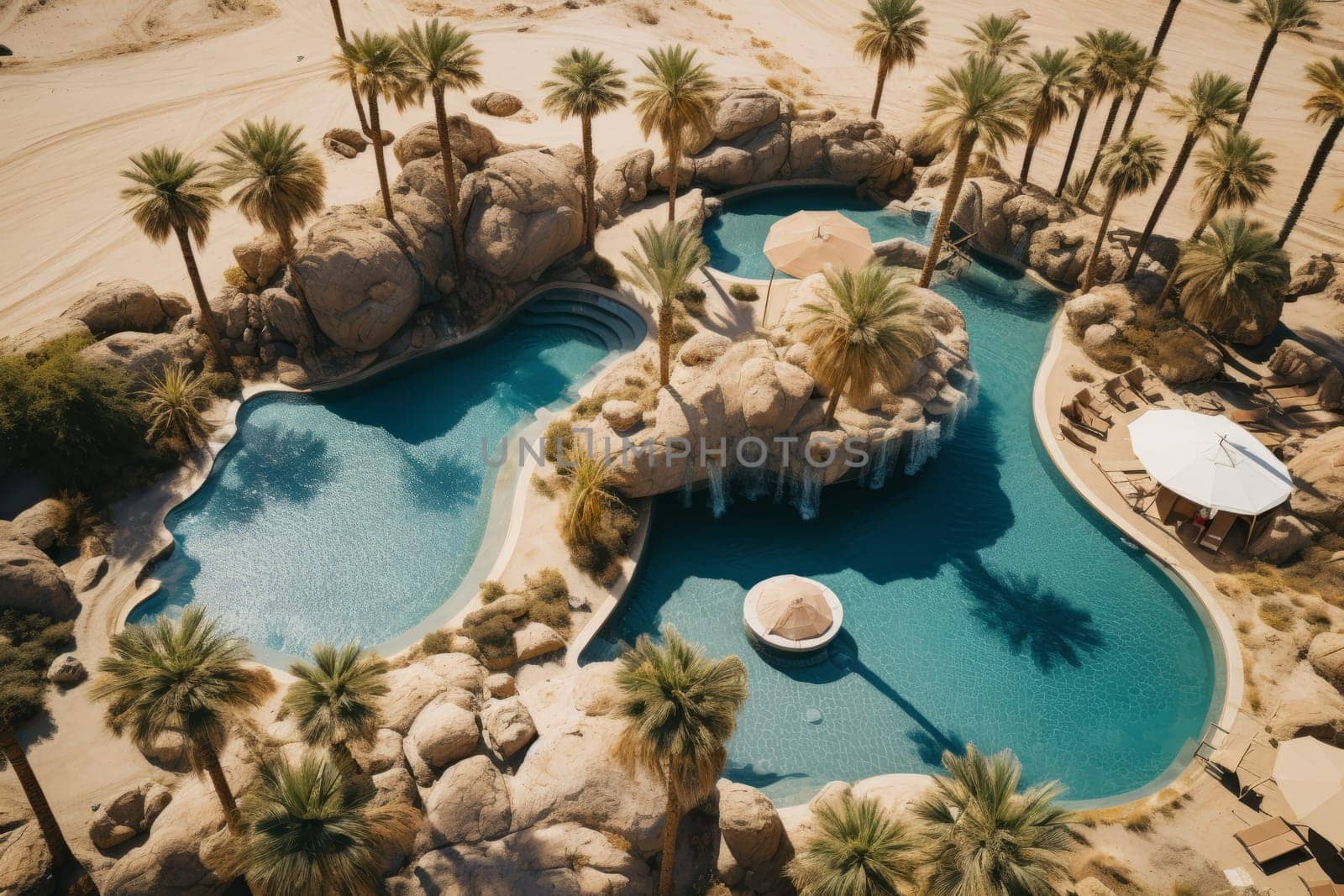 Remote Desert Oasis with Palm Trees. Generative AI