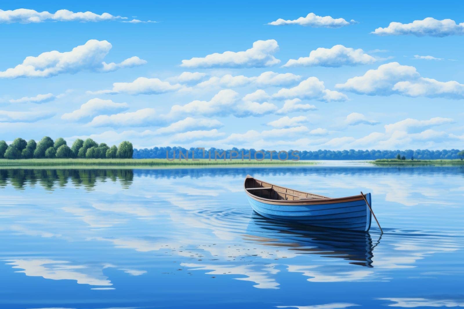 Calm River with Rowboat. Generative AI