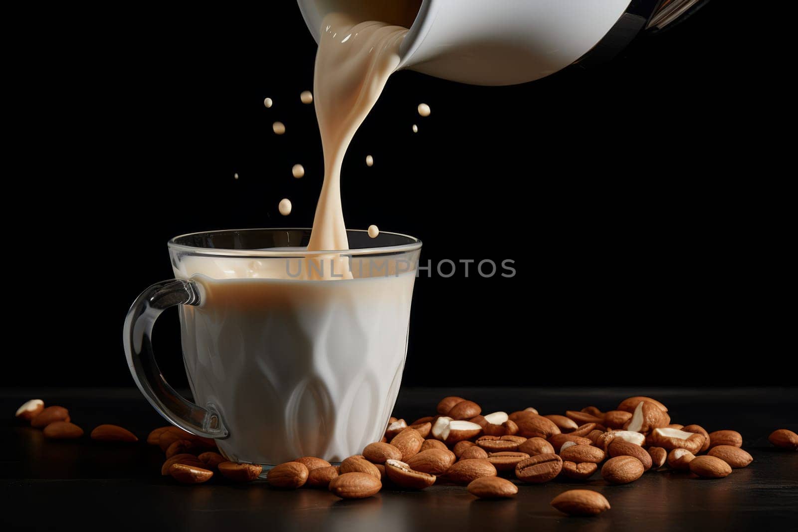 Pouring Cashew Milk into Coffee Cup. Generative AI