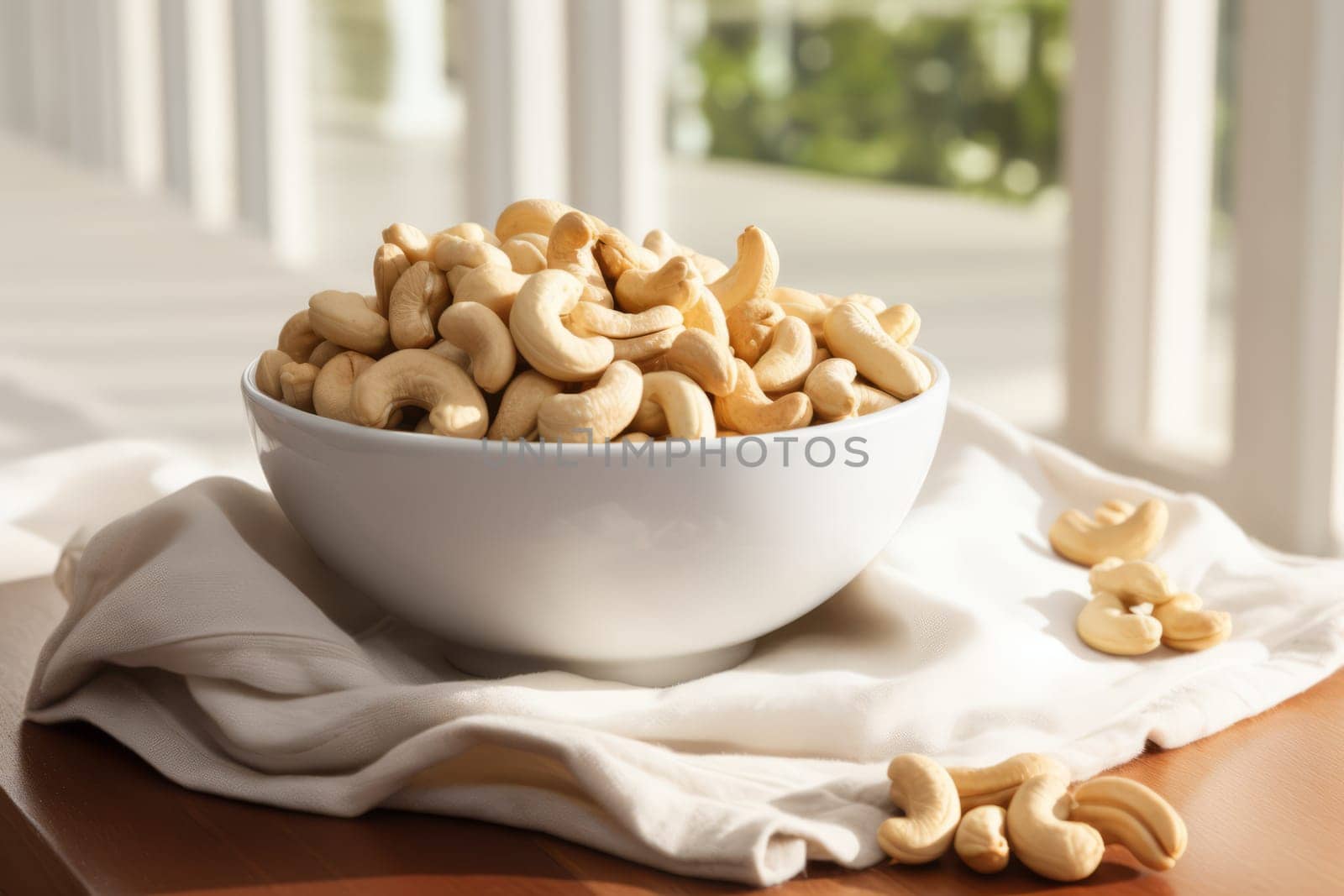 Cashews in Ceramic Bowl with Cloth Napkin. Generative AI