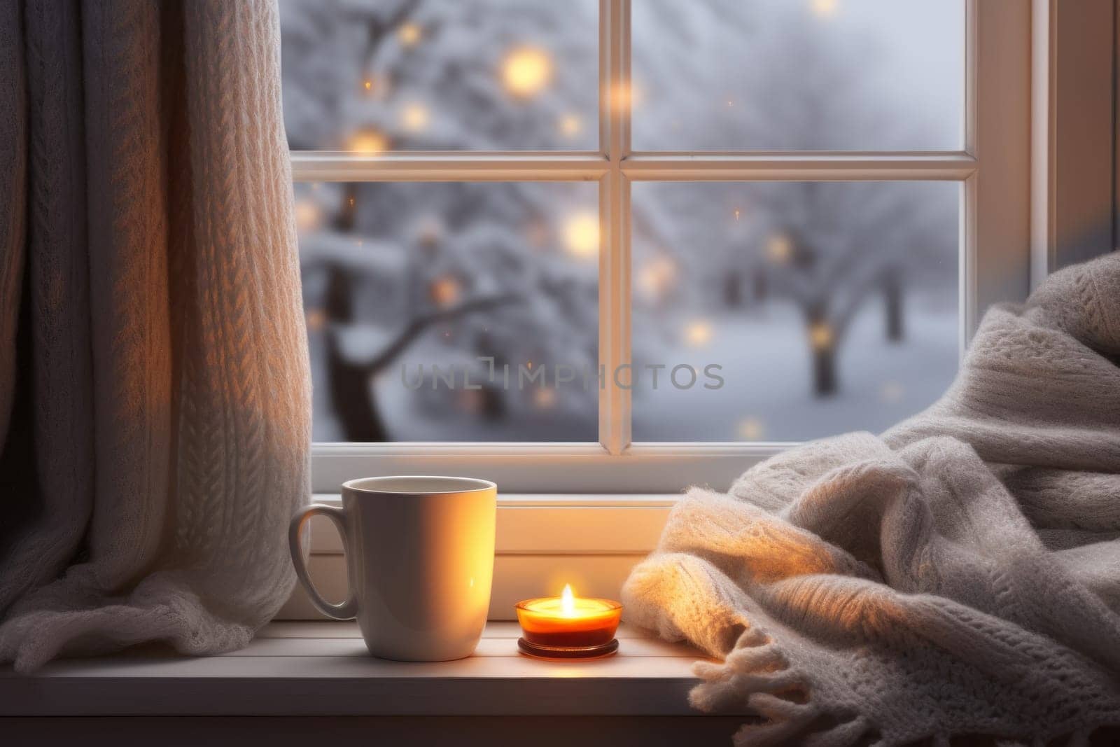 Cozy Winter Scene with Blanket and Cocoa. Generative AI