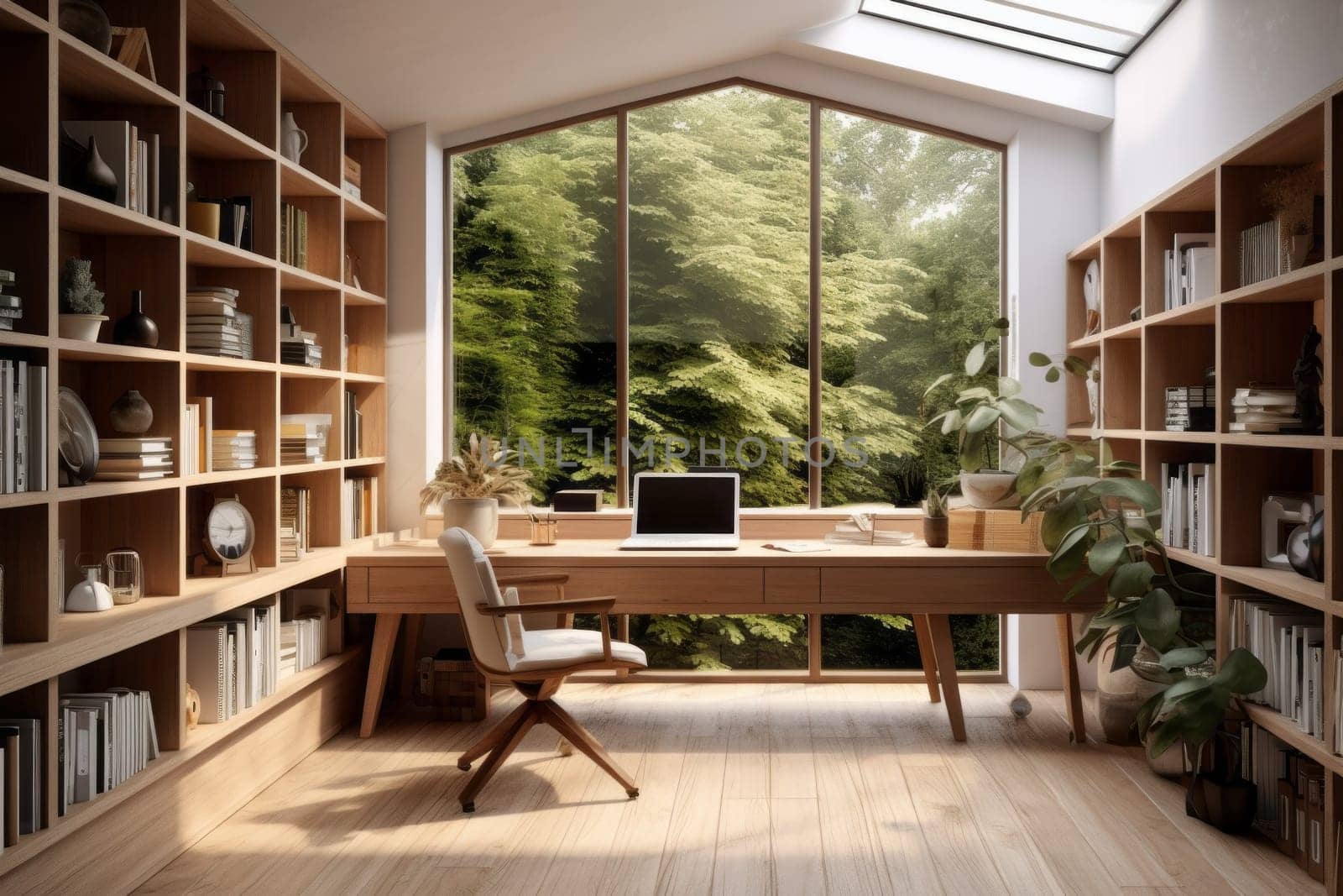 Inspiring Home Office with Bookshelf. Generative AI