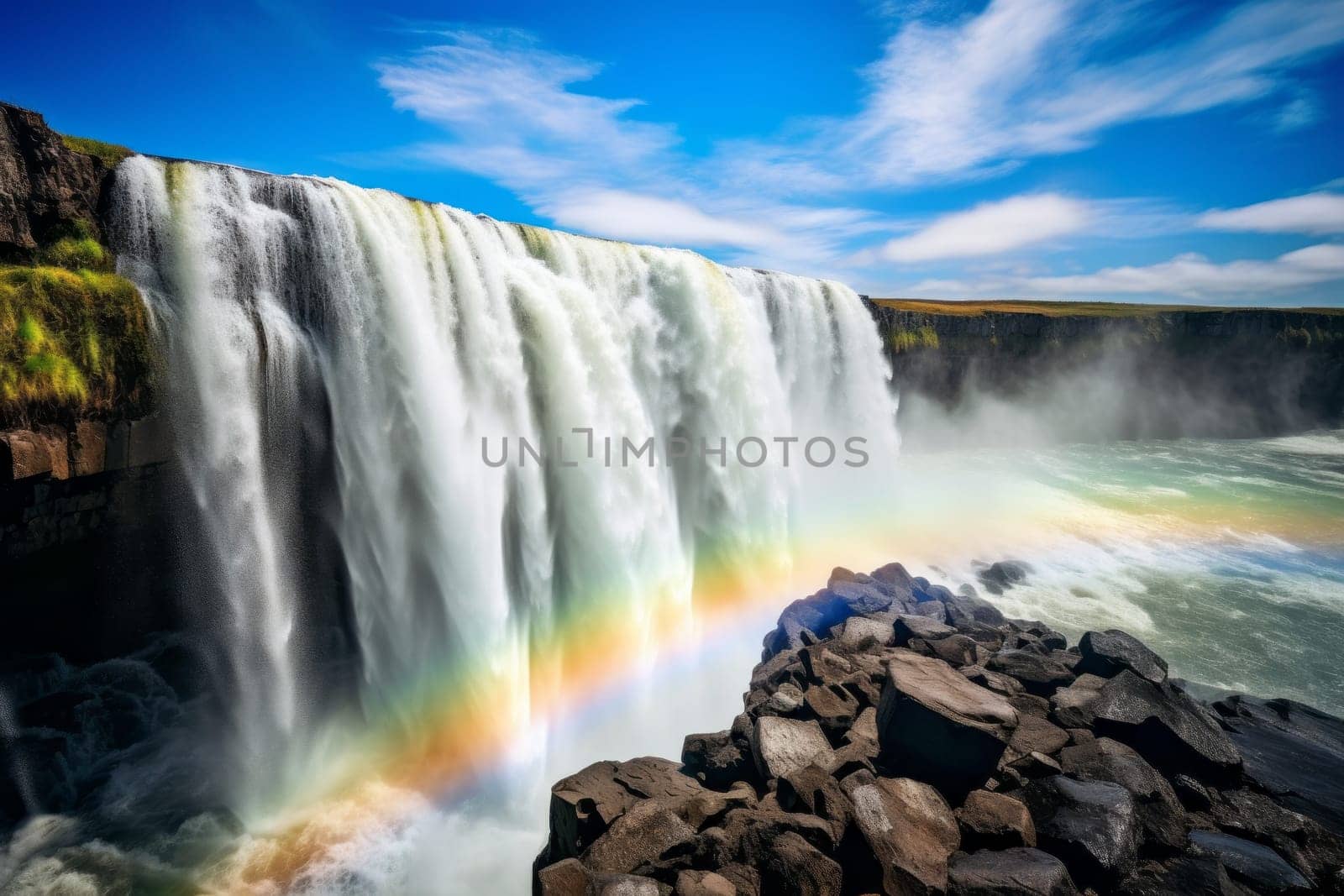 Waterfall with Rainbow background. Generative AI