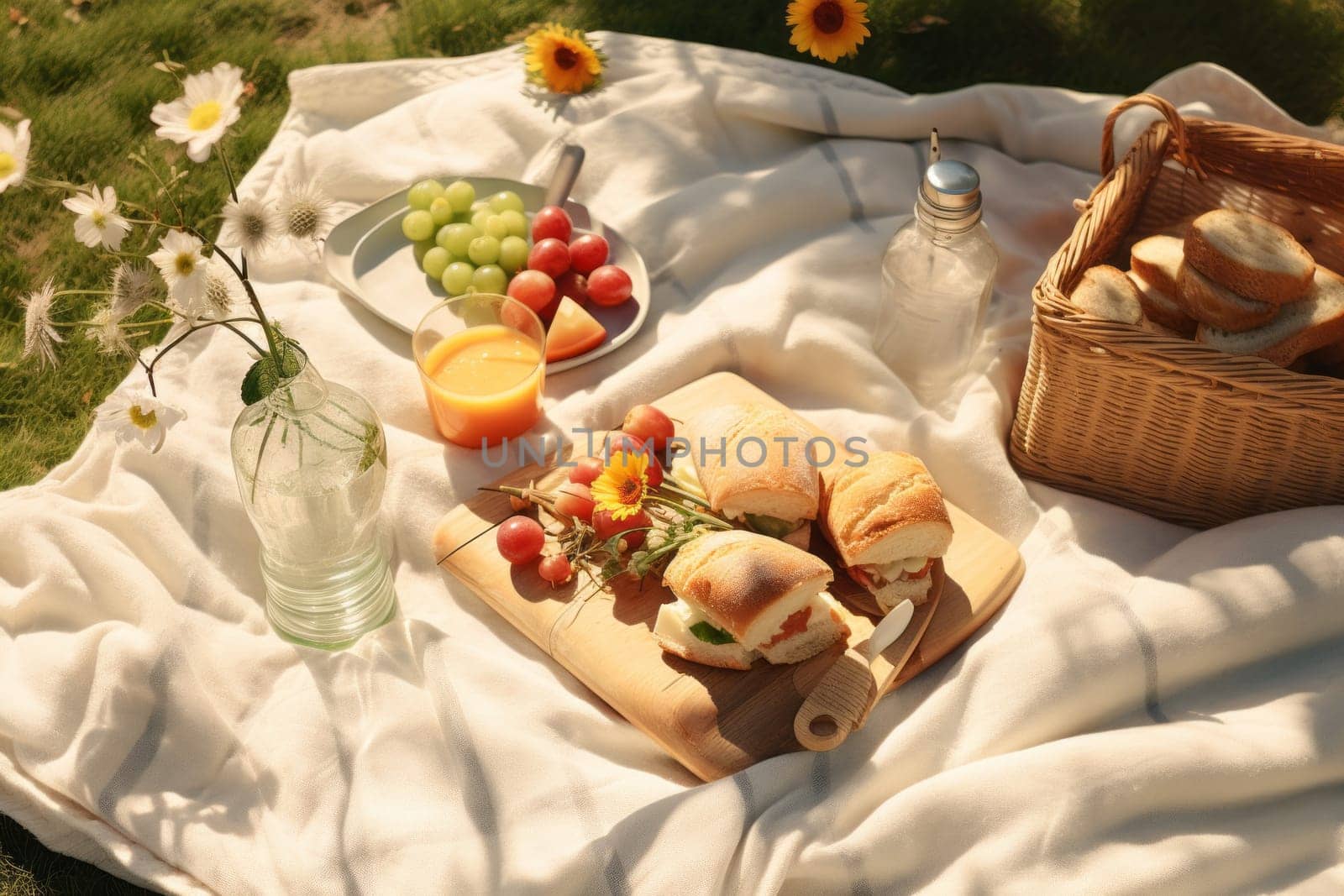 Spring picnic with a blanket, sandwiches. Generative AI