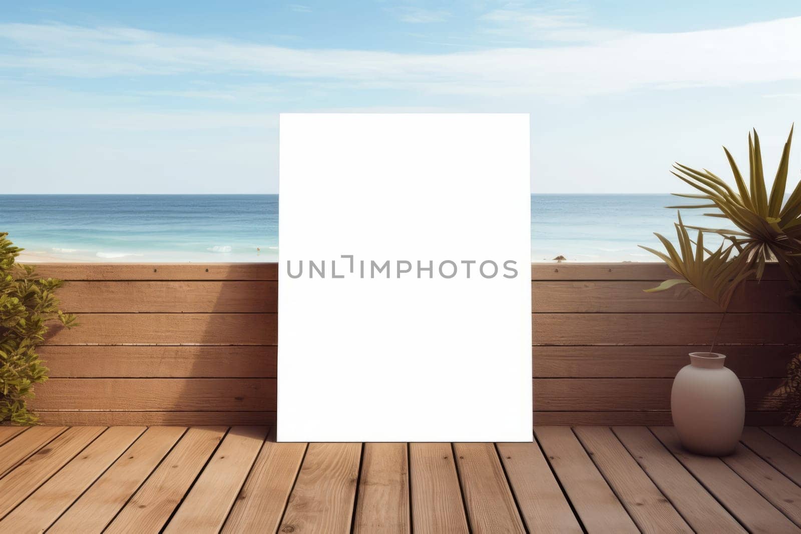 Beachfront Wooden Deck Poster. Generative AI