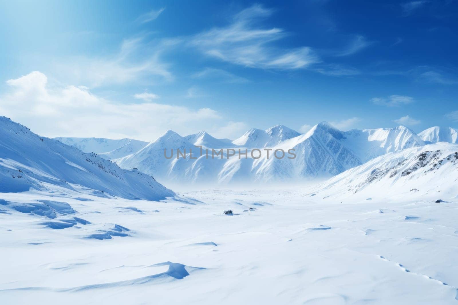 Snowy mountain landscape under a clear blue sky. Generative AI