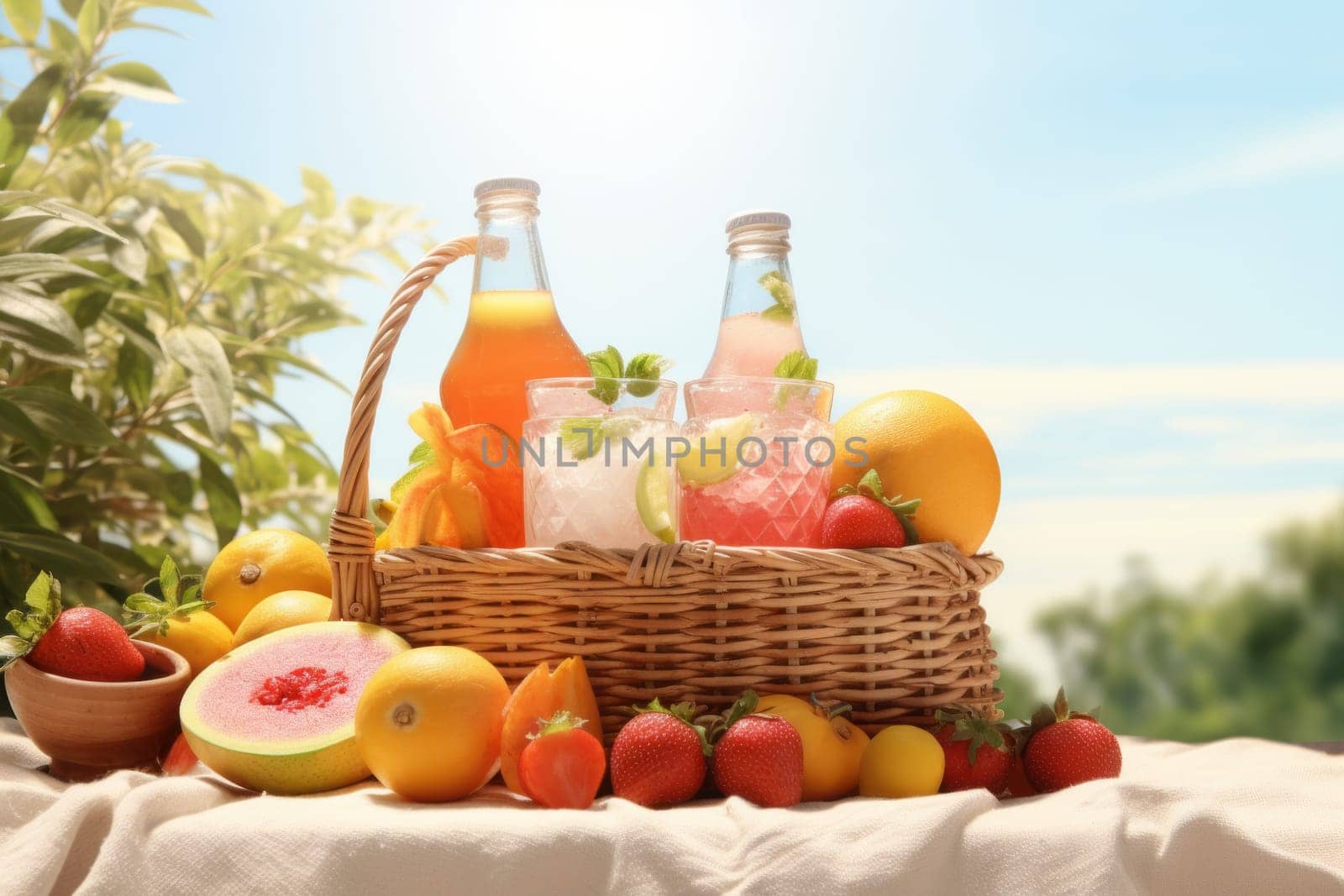 Summer Picnic with Basket and Refreshing Drinks. Generative AI
