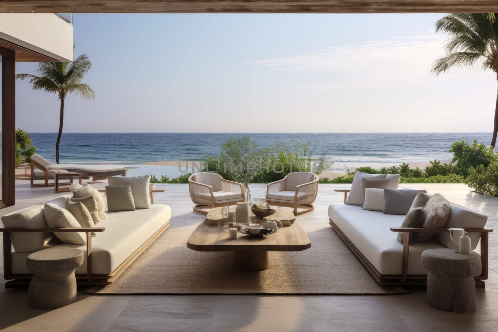 Spacious living room with panoramic ocean view. Generative AI