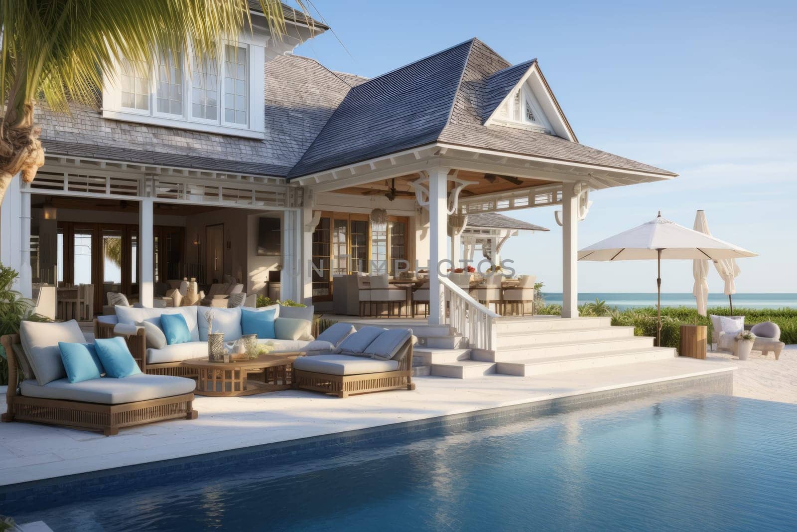 House with a pool and a covered patio. Generative AI