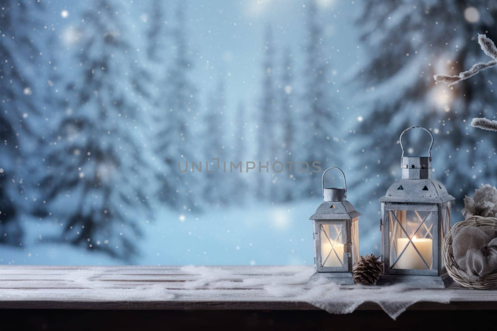 Winter tabletop mockup decoration. Generative AI