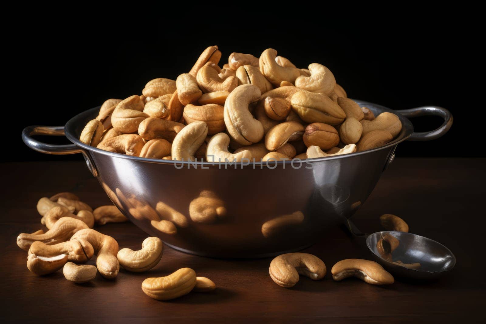 Cashew Nuts in Stainless Steel Bowl. Generative AI