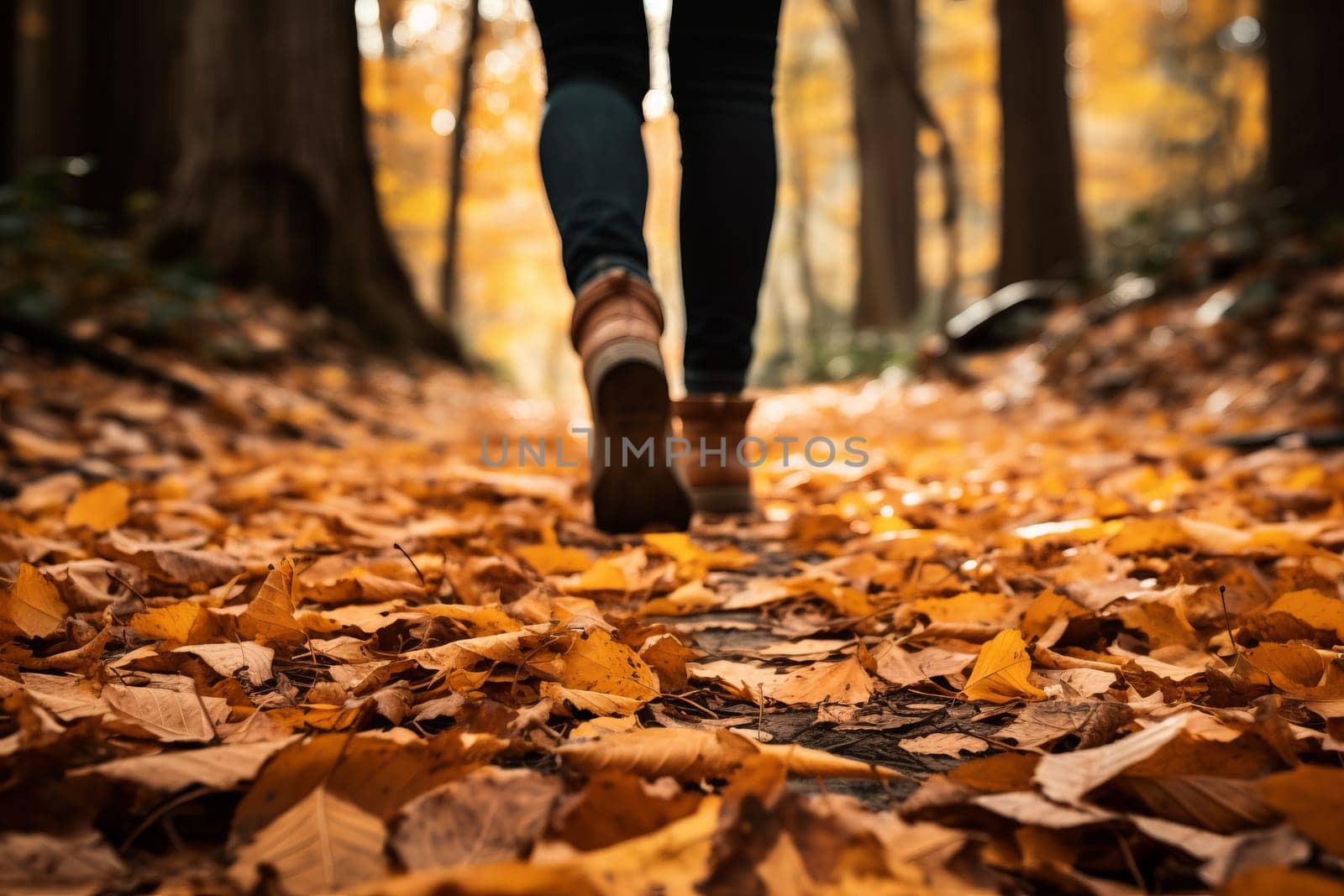 Walking on Forest Path Covered in Fallen Leaves. Generative AI