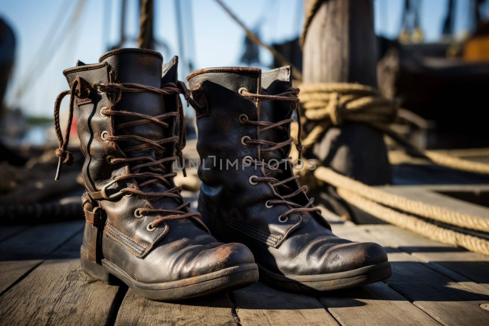 Pirate's Worn Leather Boots on Ship Deck. Generative AI