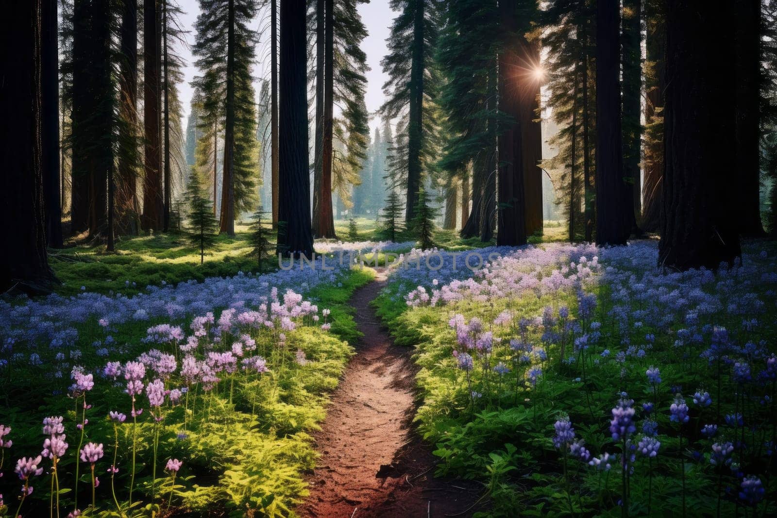 Wildflowers Beneath Towering Trees. Generative AI