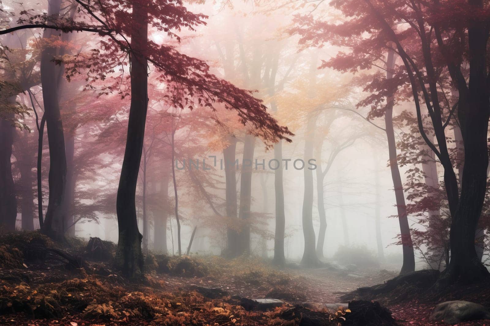 Fog Enveloped Tranquil Autumn Forest. Generative AI