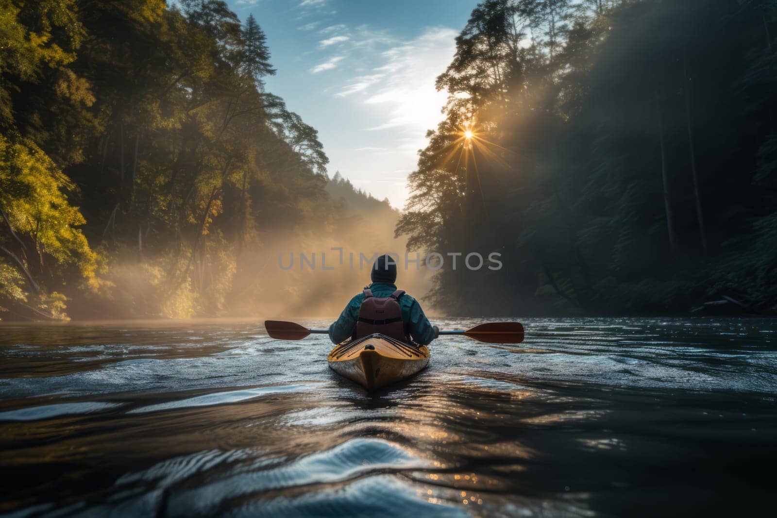 Kayaker on Serene River with Clean Water. Generative AI
