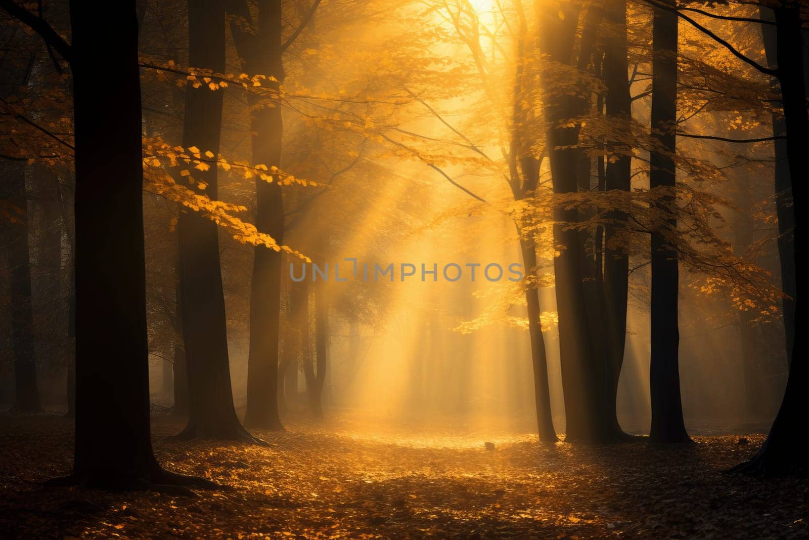 Foggy Morning: Golden Leaves in Enchanted Forest. Generative AI