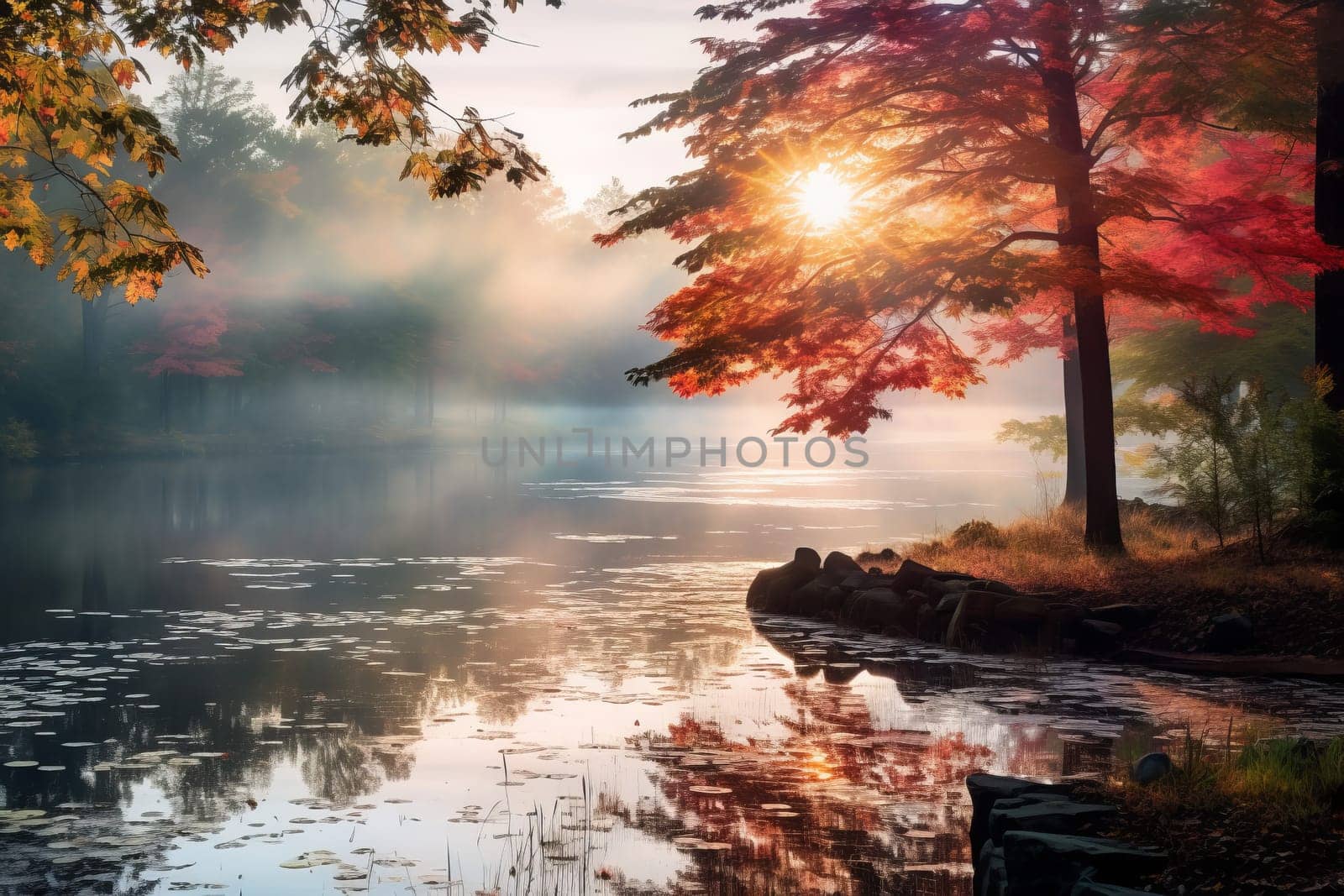 Misty Pond in Enchanted Fall Morning. Generative AI