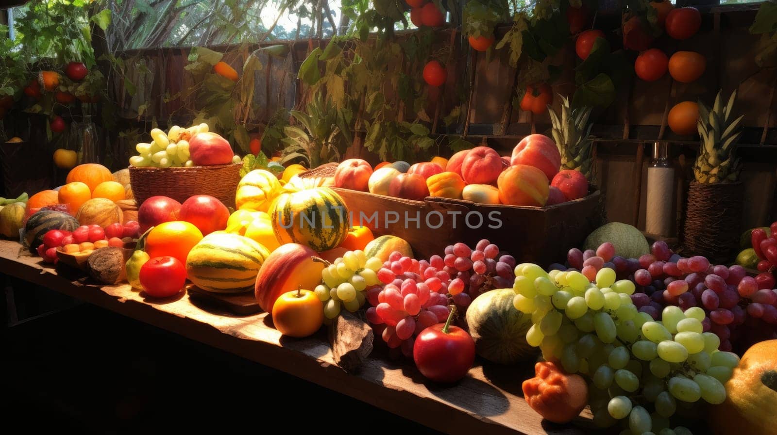 Fruits and vegetables displayed on a table inside a Sukkah. Generative AI
